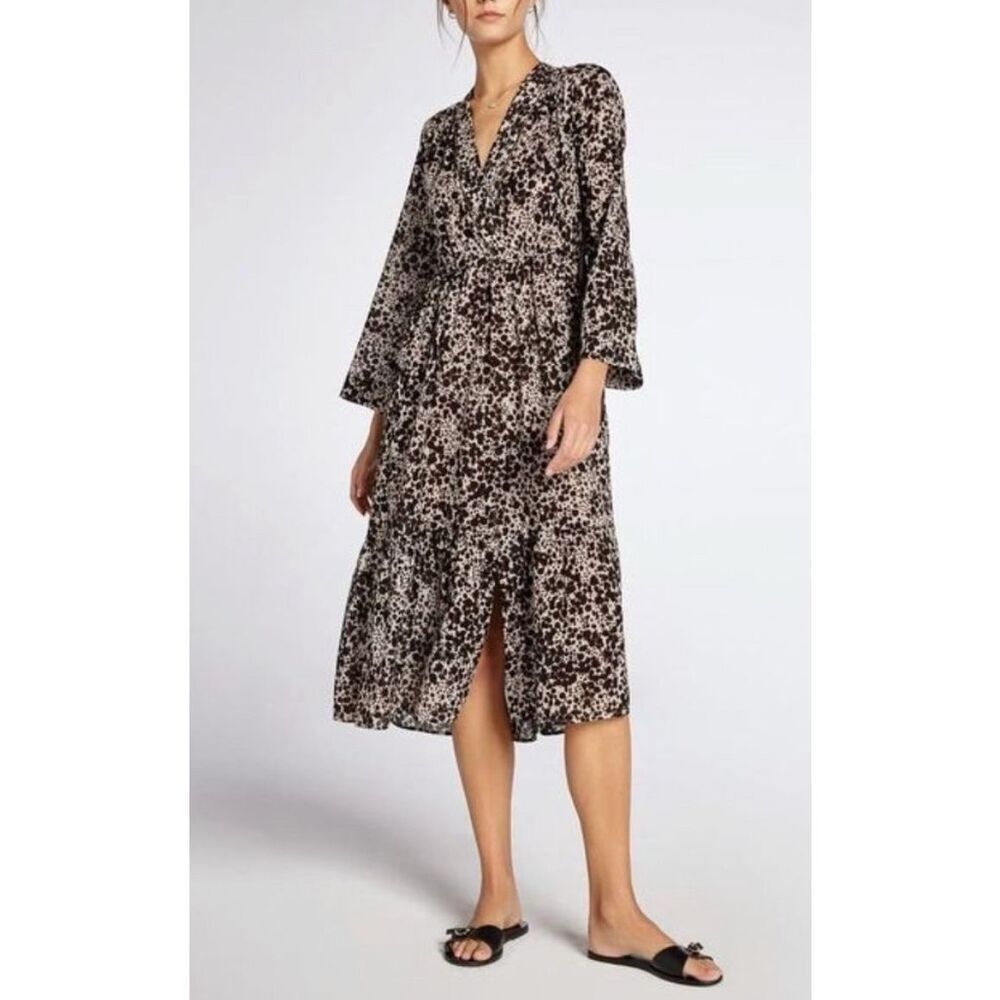 Xirena Leighton Animal Print Midi Slit V Neck Brown Dress Size Small